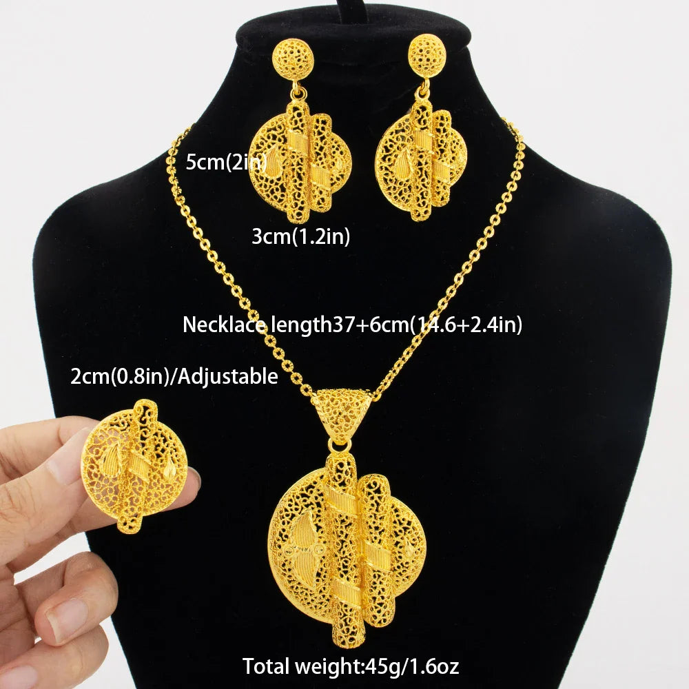 24k gold color party necklace earrings rings set luxury gold jewelry sets for woman wedding party Accessories Vera Lux