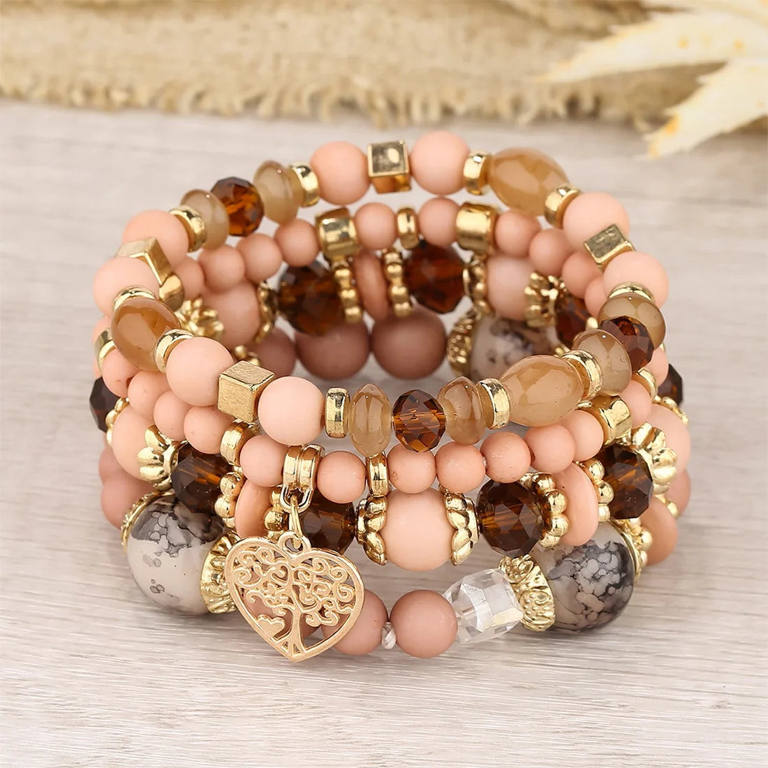 4Pcs Tree of Life Heart Bracelet Set For Women Acrylic Glass Beads Chain Elastic Bangle Female Fashion Party Jewelry Vera Lux