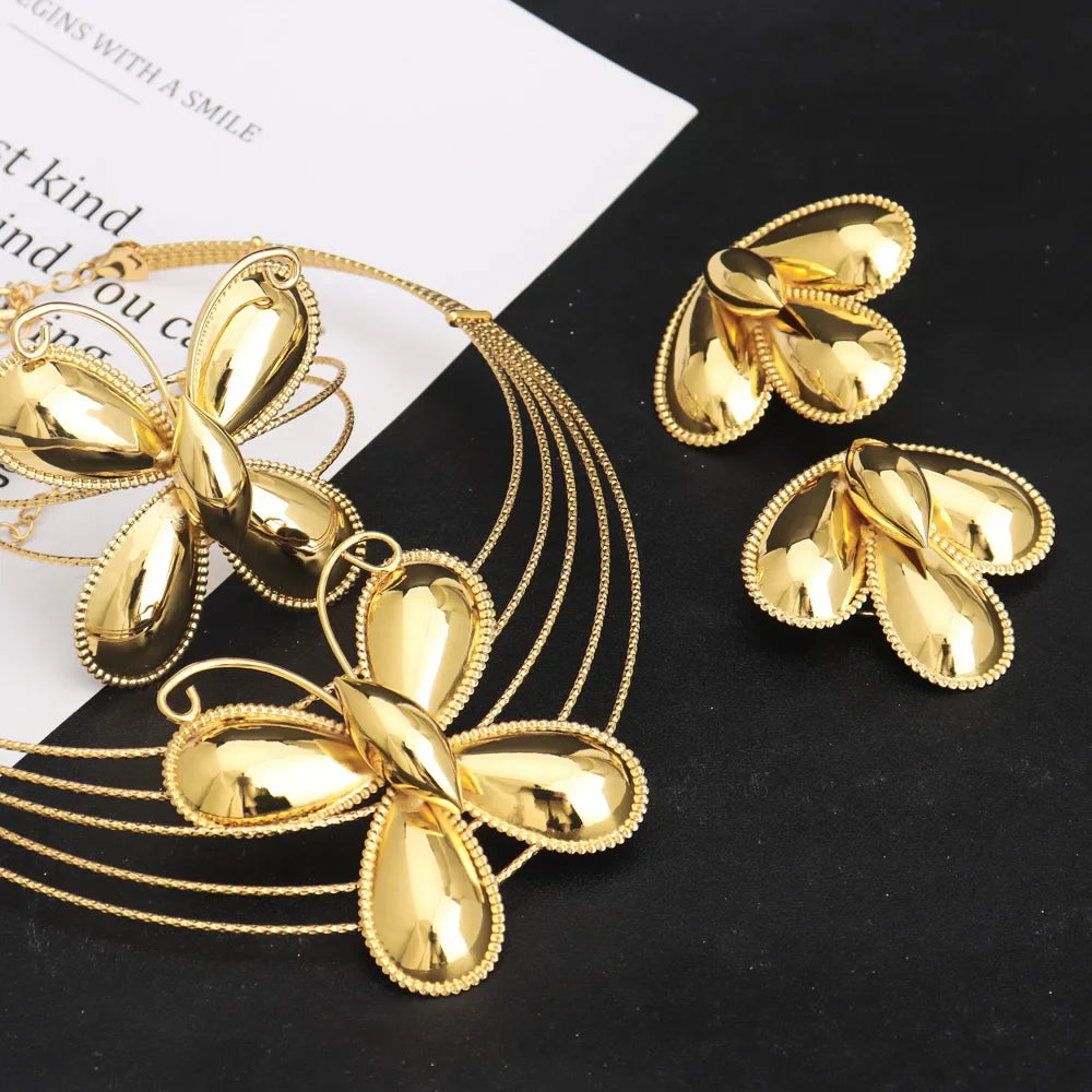 Dubai Luxury Jewellery 4PC Women's Fashion Trendy Flower Earrings Pendant Necklace Bracelet Set Gold-Plated Jewellry Party Gifts Vera Lux
