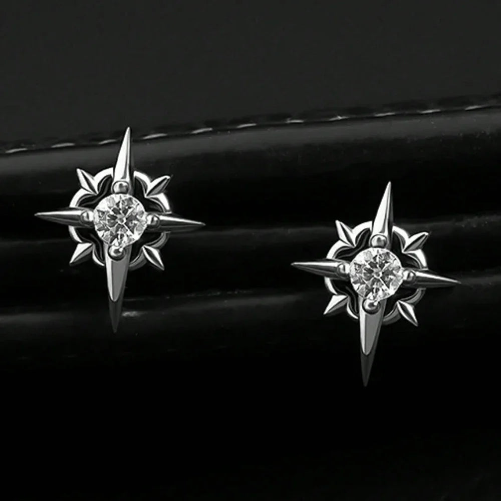 Black CZ Metal Star Earring Stud For Men Women Hip Hop Style Antique Silver Color Start Clear Crystal Couple Post Earrings Vera Lux