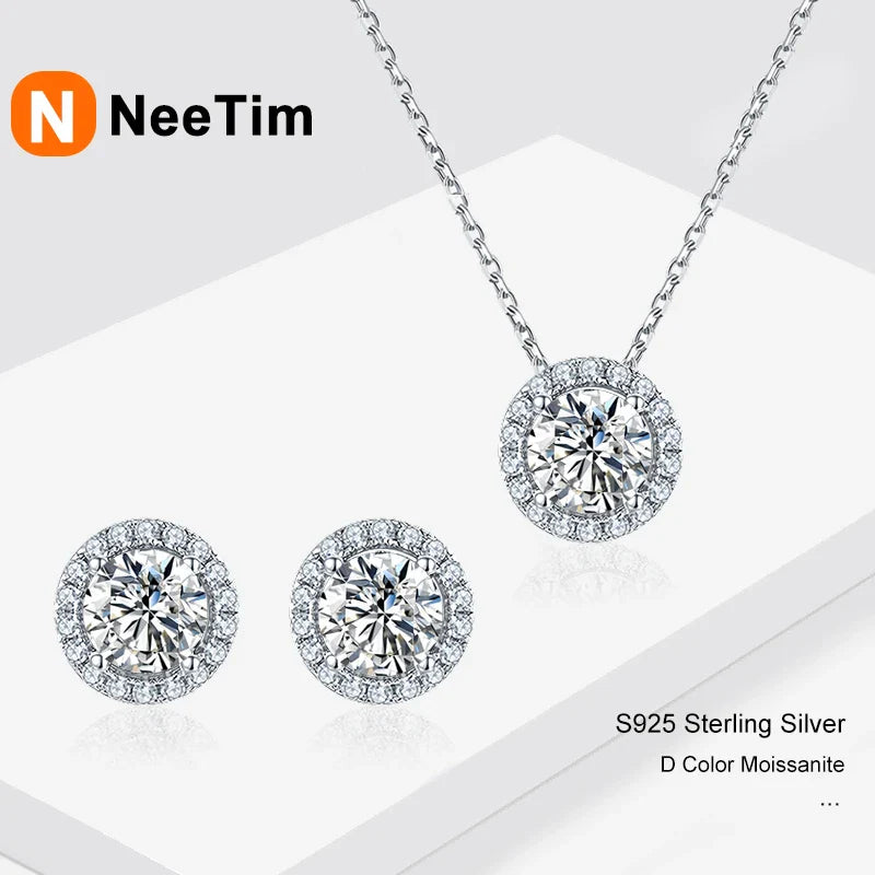 NeeTim 1ct D Color VVS1 Moissanite Jewelry Set 925 Silver with White Gold Plated Pendant Necklace Stud Earrings Sets for Women Vera Lux