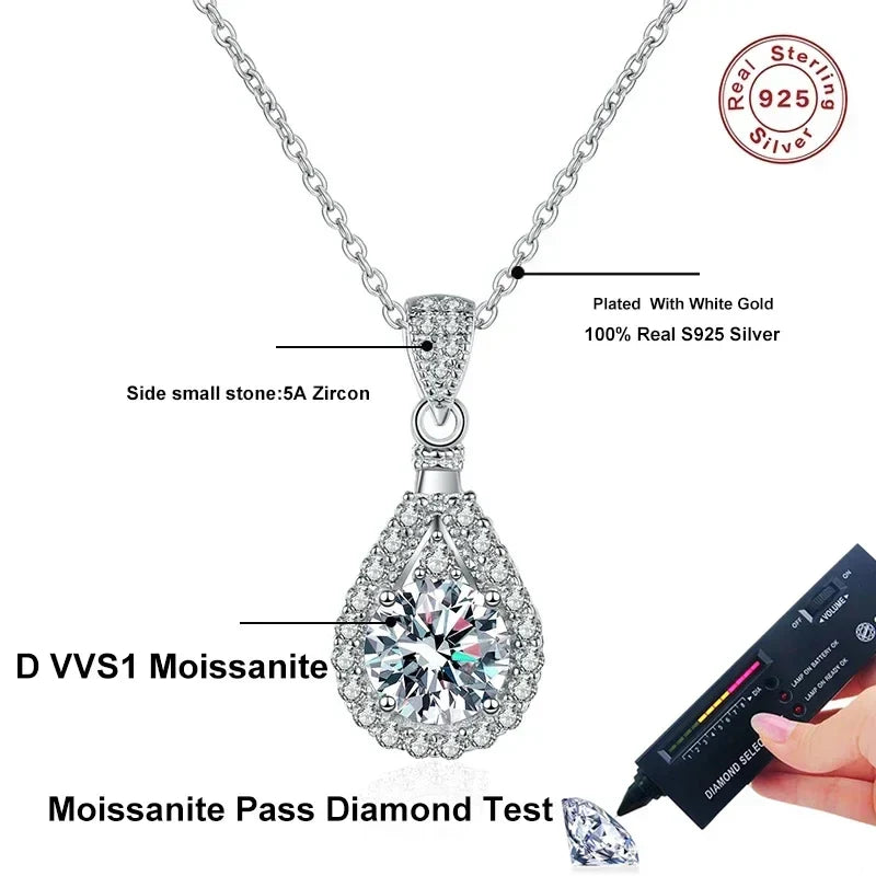 NeeTim 1CT 2CT 5CT Moissanite Pendant For Women 925 Sterling Silver Lab Diamond Plated with White Gold Necklace Wedding Jewelry Vera Lux