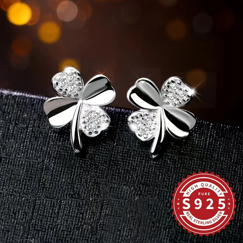 Pair of Women's Shiny Lucky Four-Leaf Petal Earrings 925 Silver Classic Simple Design Elegant Cute Versatile for Daily Wear Gift Vera Lux