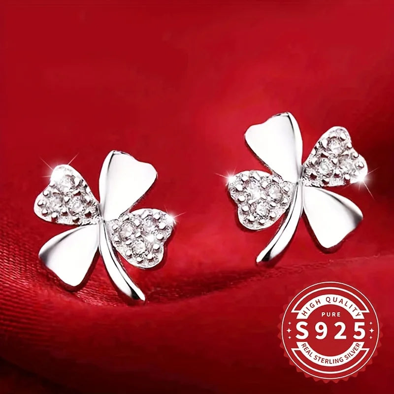 Pair of Women's Shiny Lucky Four-Leaf Petal Earrings 925 Silver Classic Simple Design Elegant Cute Versatile for Daily Wear Gift Vera Lux