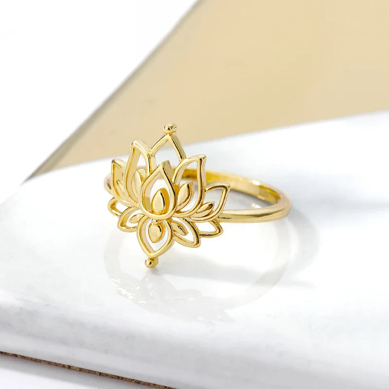 Lotus Flower Rings For Women Stainless Steel Gold Color Hollow Out Ring Fashion Wedding Party Aesthetic Jewelry Gift anillos Vera Lux