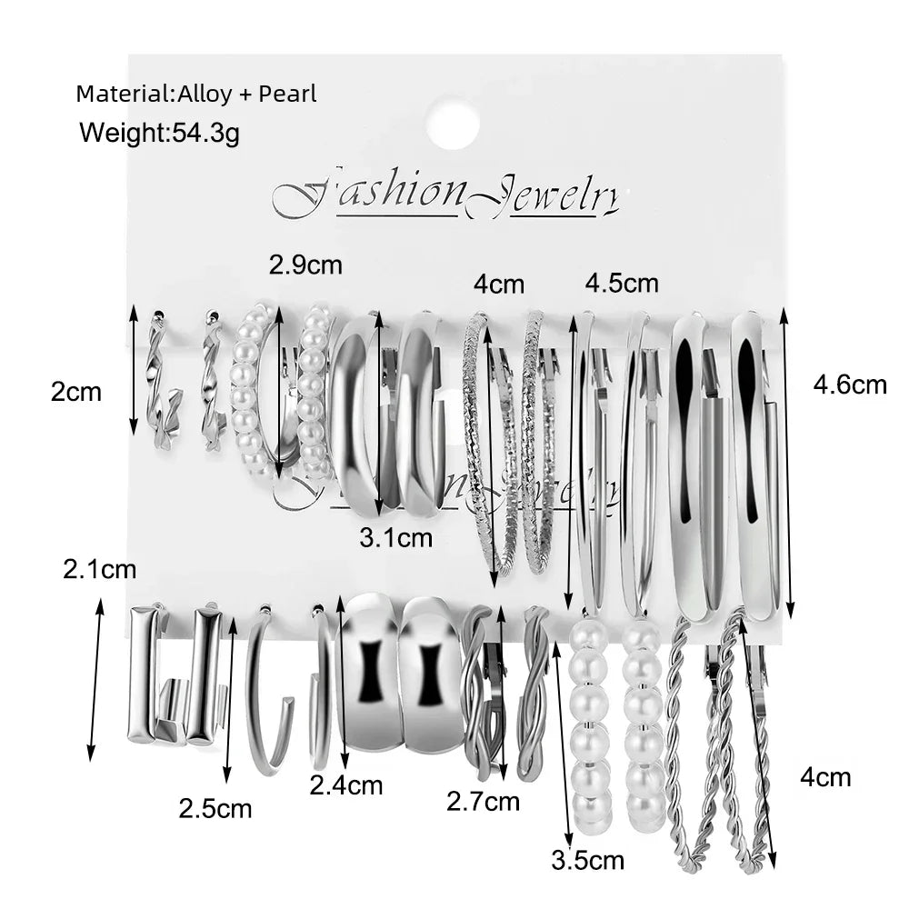 24 Pcs Vintage Silver Color Y2K Pearl Earrings for Women Geometry Round Circle Square Hoop Earring Set Fashion Female Jewelry Vera Lux
