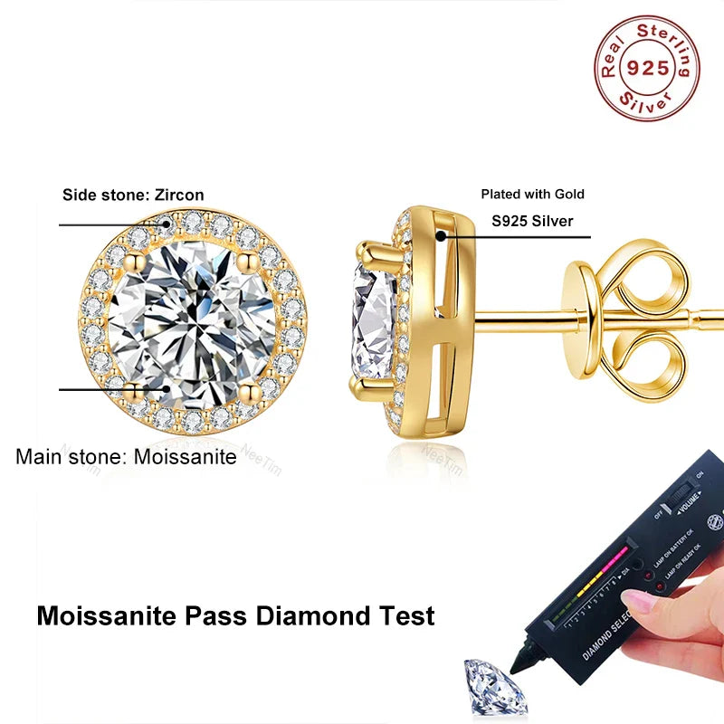 NeeTim 0.5ct 1ct 2ct Moissanite Stud Earrings For Women Party Bridal S925 Sterling Silver with Gold Plated Lab Diamond Earring Vera Lux