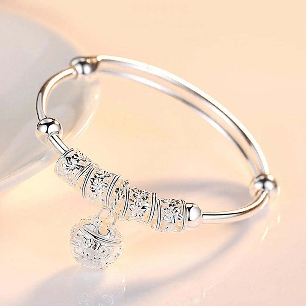 Fine Silver Color Hollow Bells Ball Bangles Adjustable Bracelets for Women Fashion Holiday Gifts Party Wedding Jewelry Vera Lux