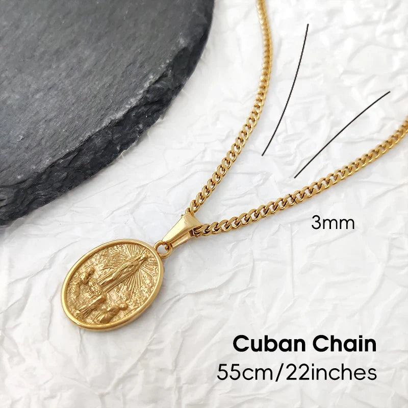 Hip Hop Jesus & Virgin Mary Pendant Necklace - 18K PVD Gold Plated Stainless Steel Jewelry for Men Gift Vera Lux