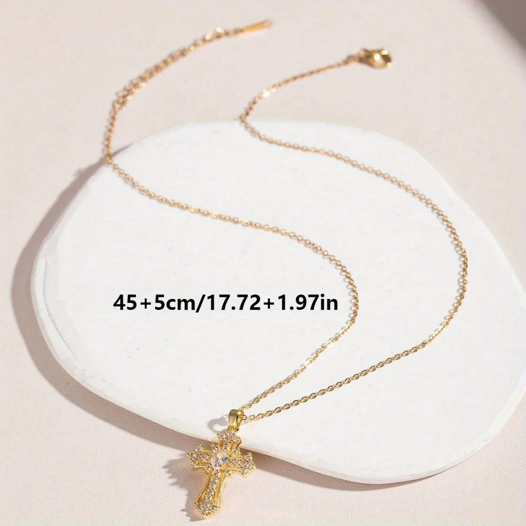 1Pcs Cross Necklace Pendant Religious Blessing Stainless Steel Sturdy Gold Necklace Water Diamond Inlay Trendy Fashion Vera Lux