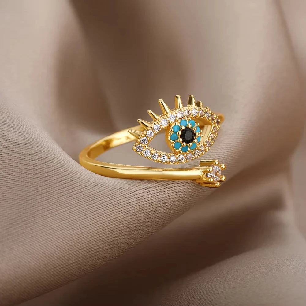 Stainless Steel Zircon Geometric Rings For Women Luxury Evil Eye Gold Color Adjustable Trendy Wedding Aesthetic Jewerly Gift Vera Lux
