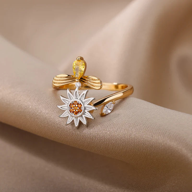 Anti Stress Anxiety Fidget Rings for Women Stainless Steel Sunflower Sun Star Spinner Ring Christmas Jewelry Gifts Dropshipping Vera Lux