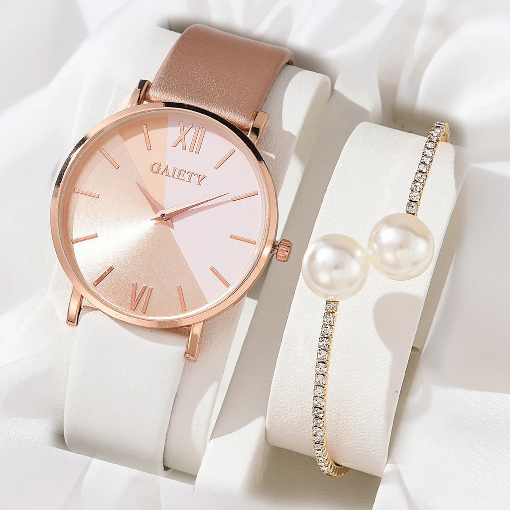 Women Watch Set Luxury Fashion Colourful PU Leather Strap Ladies Quartz Wristwatch Alloy Bracelet For Ladies Gift Vera Lux