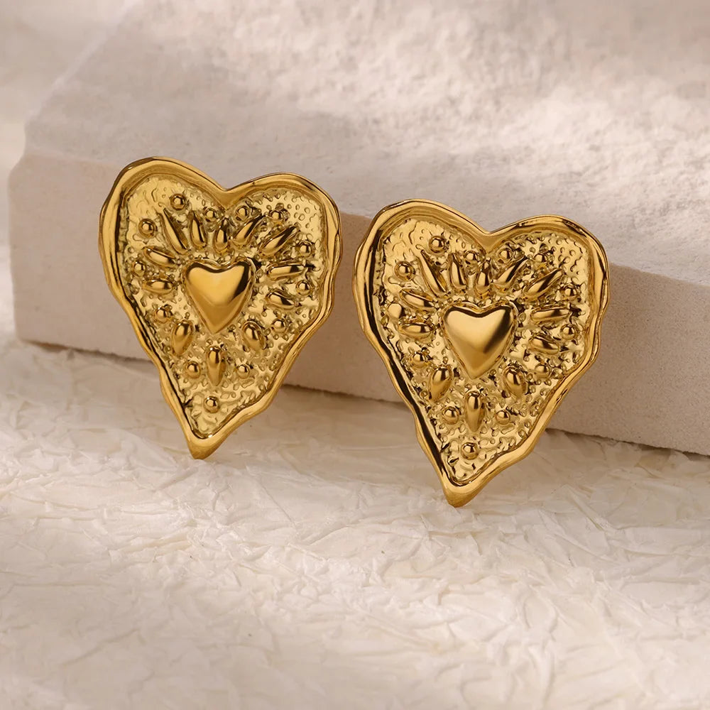 Stainless Steel Irregular Heart Texture Stud Earring for Women Gold Color Heart Wedding Aesthetic Earring Jewelry Accessories Vera Lux