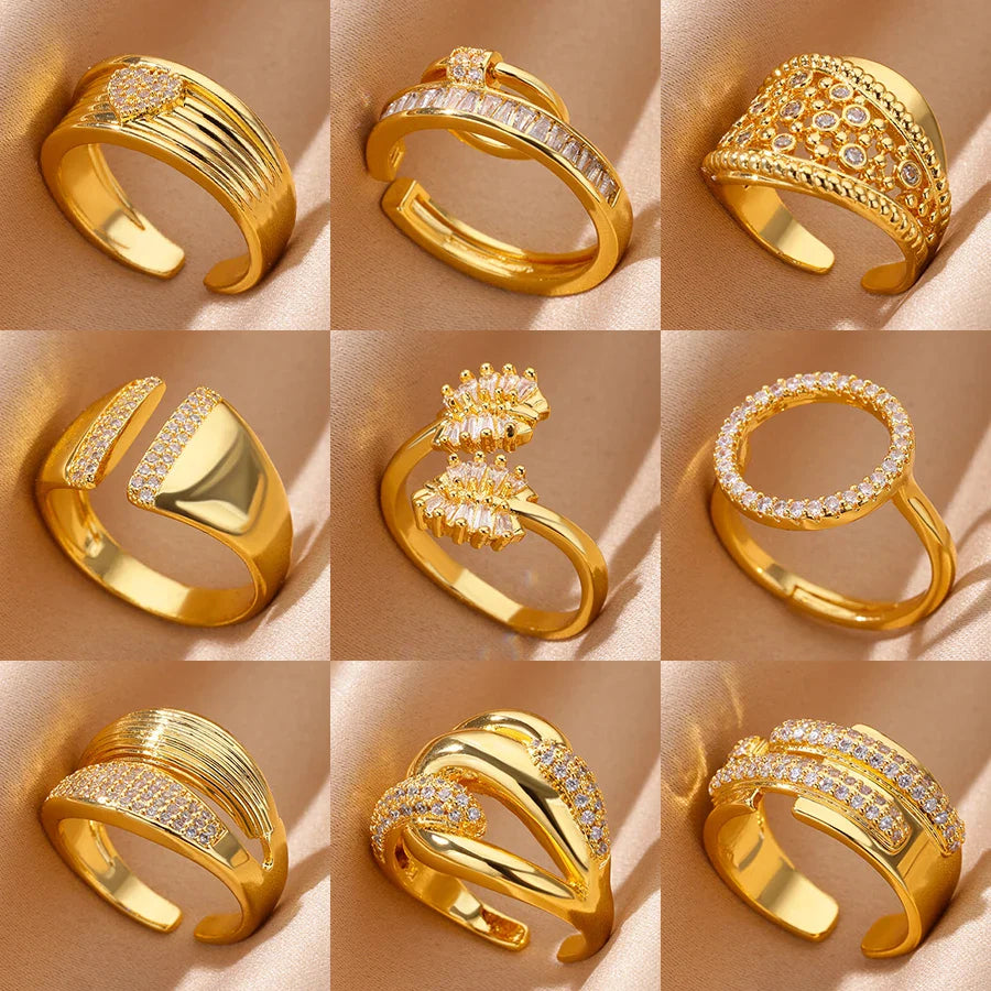 Zircon Geometric Rings For Women Luxury Stainless Steel Gold Color Open Ring Trendy Wedding Party Aesthetic Jewerly Gift Femme Vera Lux