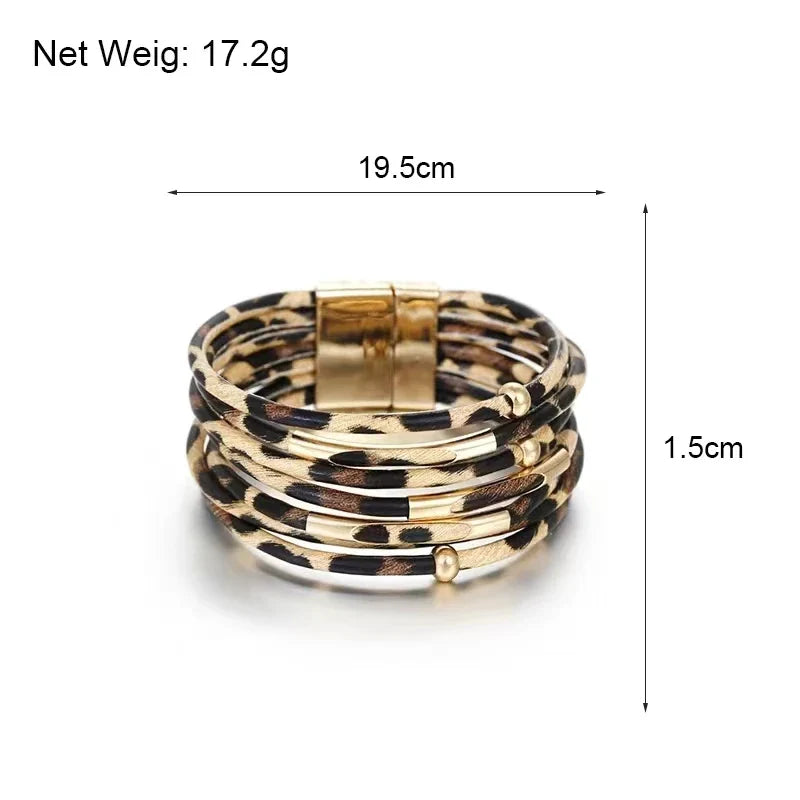 Vintage Metal Tube Leopard Leather Bracelet For Women Men Boho Multilayer Wrap Wide Bracelet Charm Jewelry Vera Lux