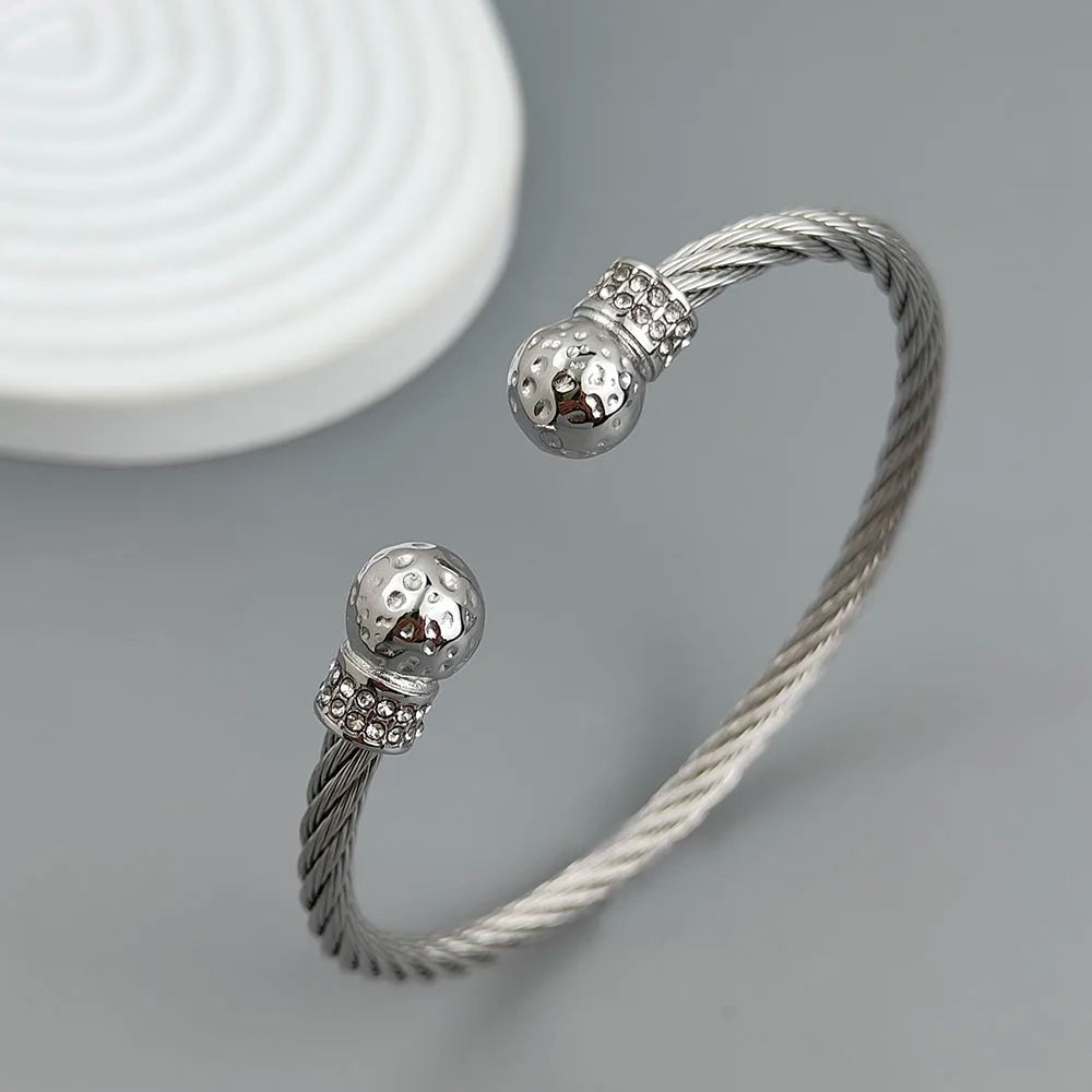 Wire twisted double ball zirconia stainless steel gold plated 18K bracelet, high quality waterproof silver jewelry, couple gift Vera Lux
