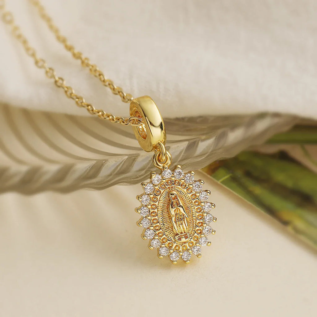 NEWBUY Trendy Gold Color Shiny AAA CZ Zircon Virgin Mary Pendant Necklaces For Women Gift Vera Lux