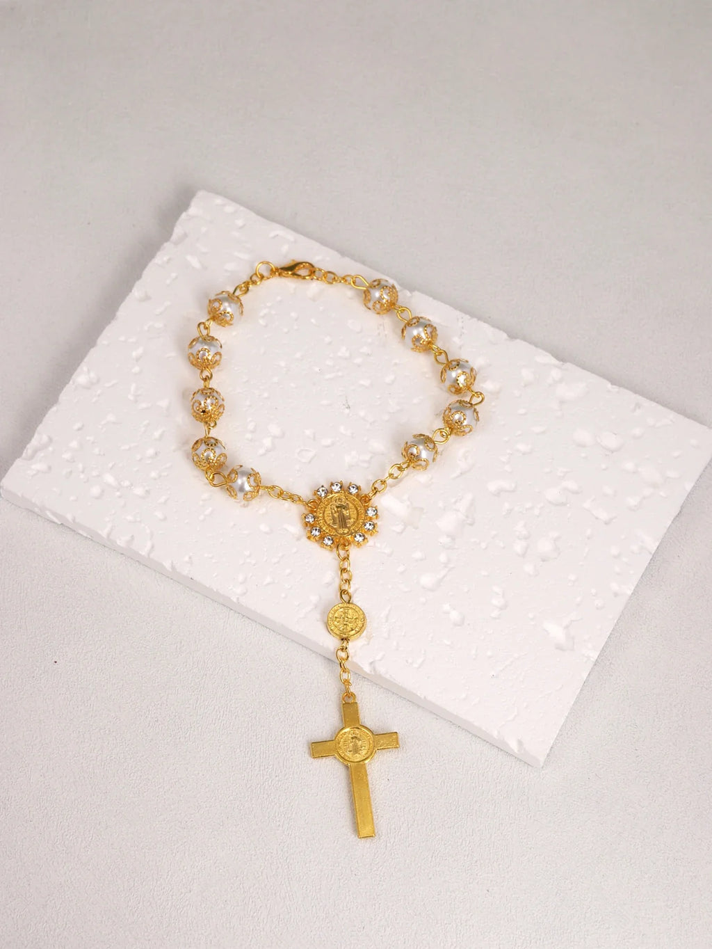 One Decade Auto Rosary Beads Catholic Bracelet Saint Benedict Crucifix Divine Mercy Gift for Women Men Vera Lux
