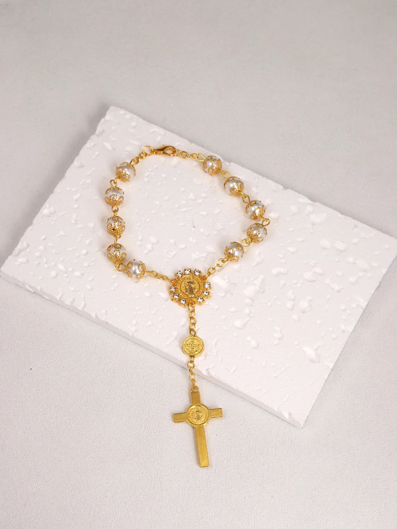 One Decade Auto Rosary Beads Catholic Bracelet Saint Benedict Crucifix Divine Mercy Gift for Women Men Vera Lux