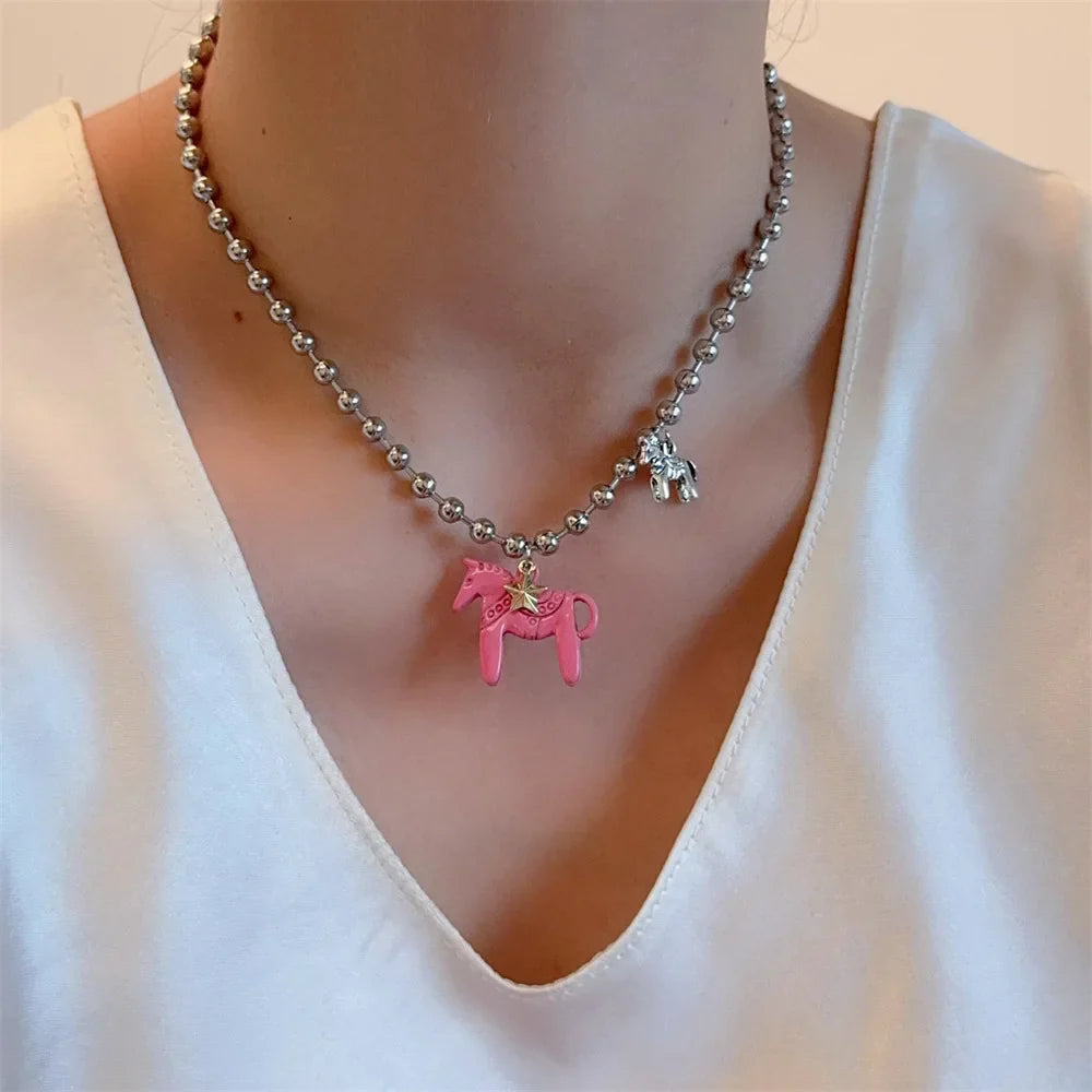 LATS White Black Green Blue Pink Color Enamel Colt Horse Pendant Necklaces for Women Silver Plated Alloy Beads Chain Chokers Vera Lux