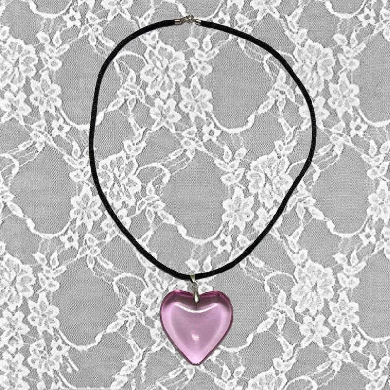 Big Red Glass Heart Pendant Black String Necklace For Women Pink Green Red AB Purple Crystal Stone Lovely Y2K Pendant Jewelry Vera Lux