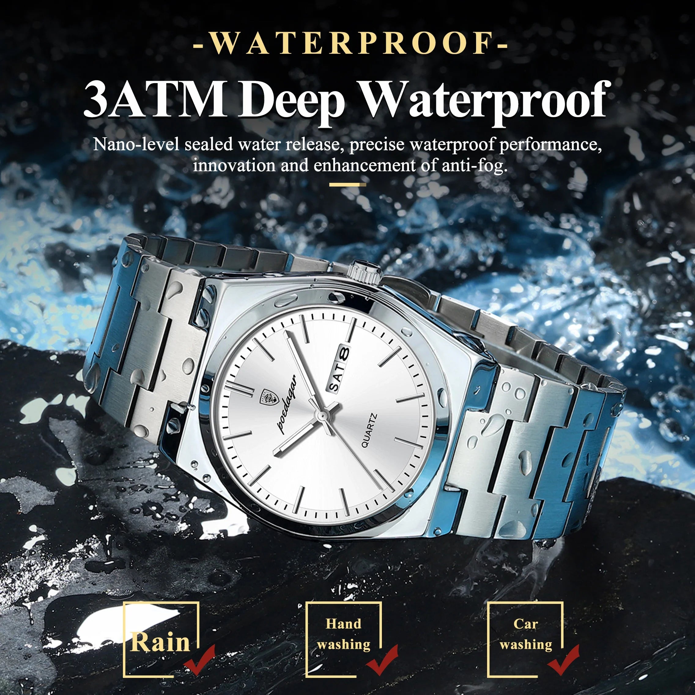POEDAGAR Luxury Business Man Wristwatch Waterproof Luminous Stainless Steel Men Watch Date Week Fashion Quartz Men's Watches+Box Vera Lux