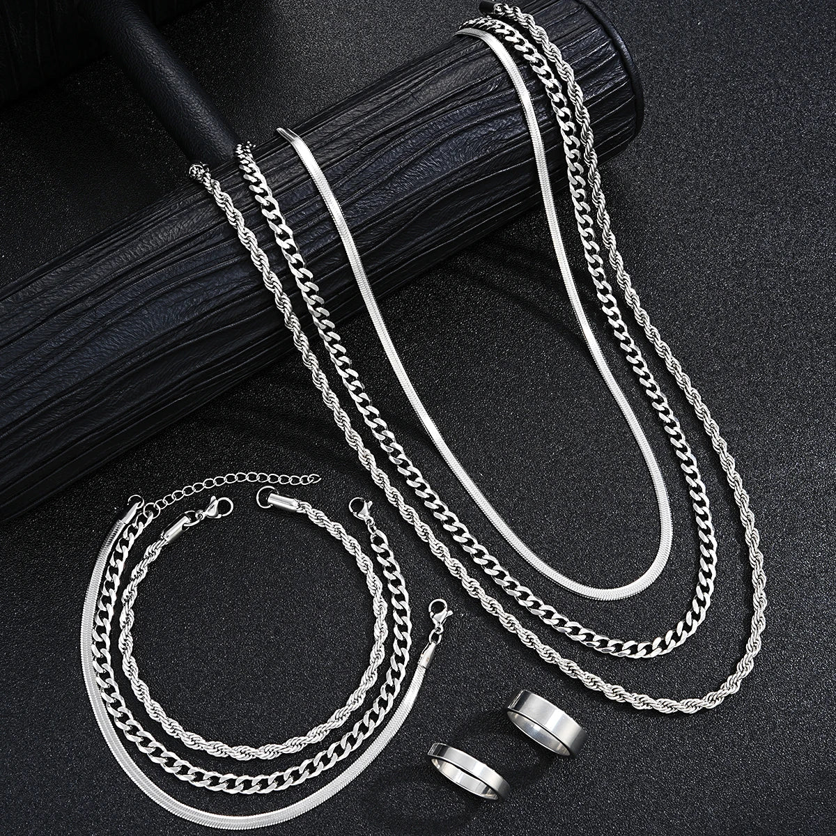 2024 New Simple Stainless Steel Silver Color Jewelry Sets for Men Unisex Punk Vintage Smooth Ring Necklace Bracelet Set Gifts Vera Lux