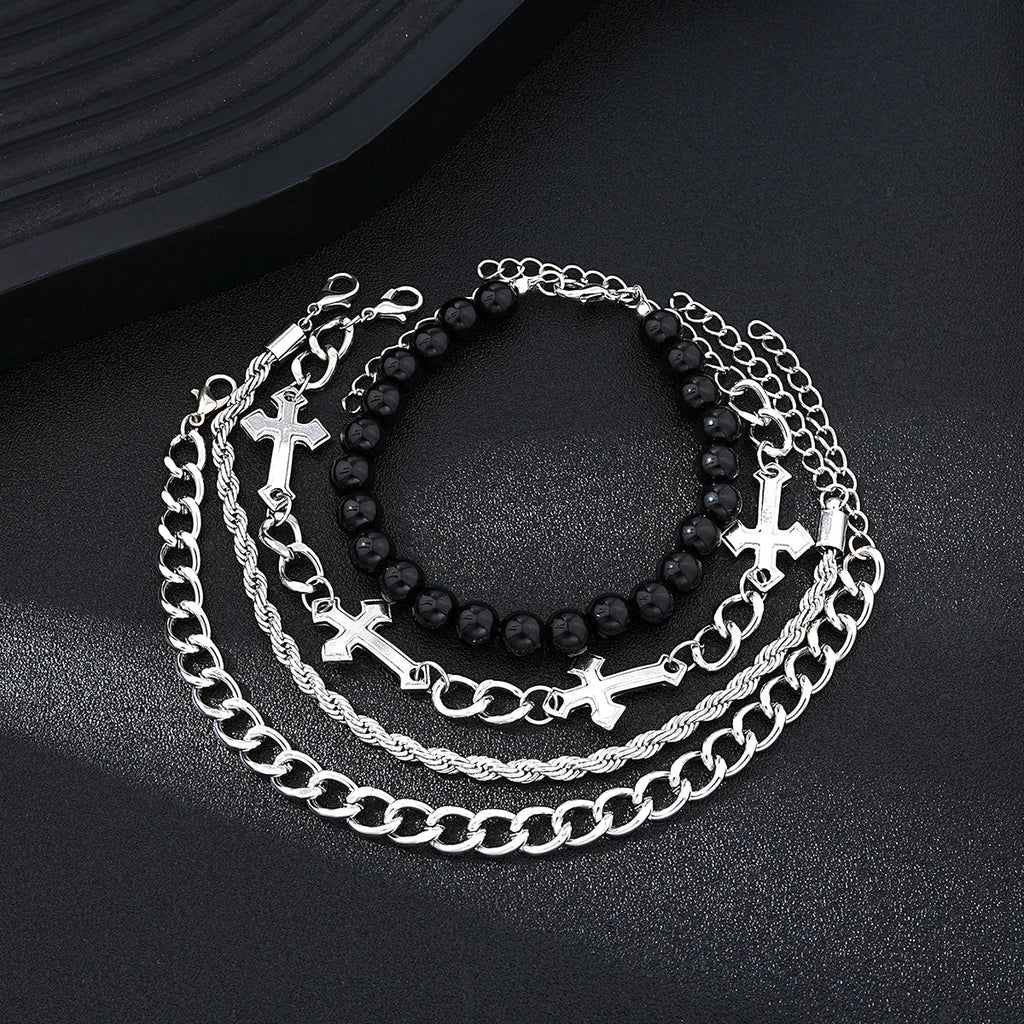 4 Pcs Stainless Steel Bracelet Set For Men Women Punk Fashion Cross Beads Chain Bracelets Simple Hip Hop Unisex Jewelry Gift New Vera Lux