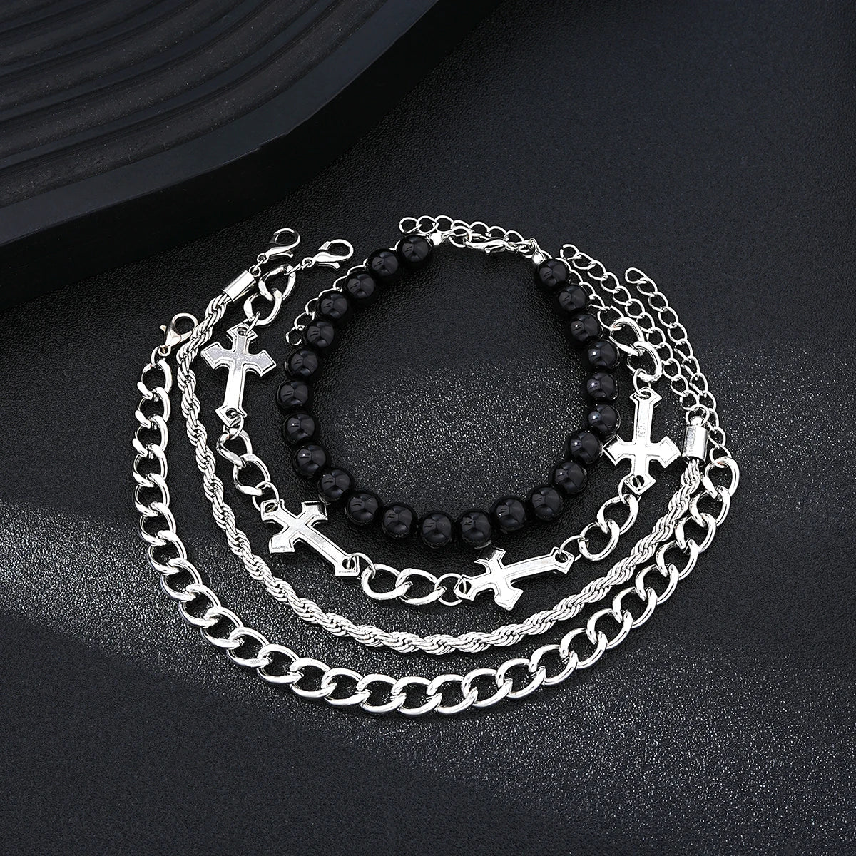 4 Pcs Stainless Steel Bracelet Set For Men Women Punk Fashion Cross Beads Chain Bracelets Simple Hip Hop Unisex Jewelry Gift New Vera Lux