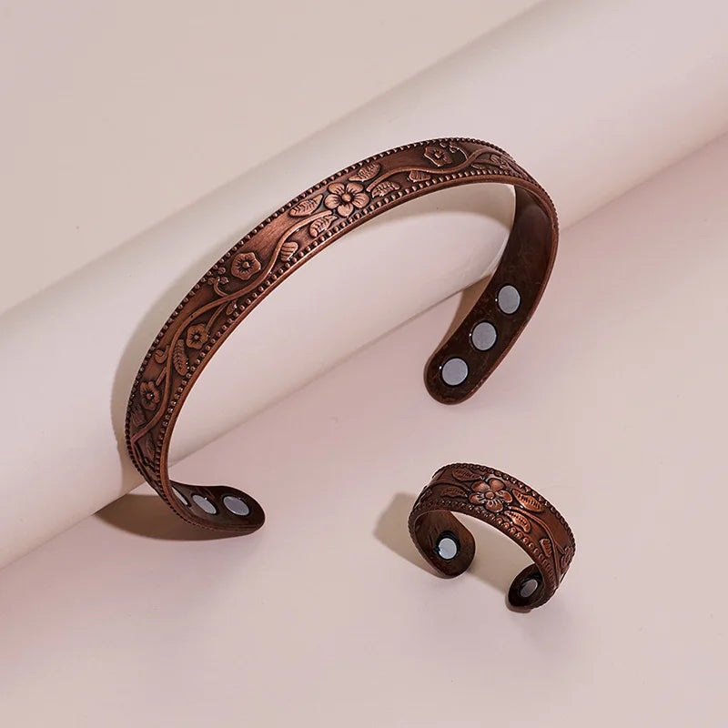 1pcs Antique Copper Bracelet European And American Copper Vintage Simple Double Ring Pattern Magnet Energy Ring Bracelet Set Vera Lux