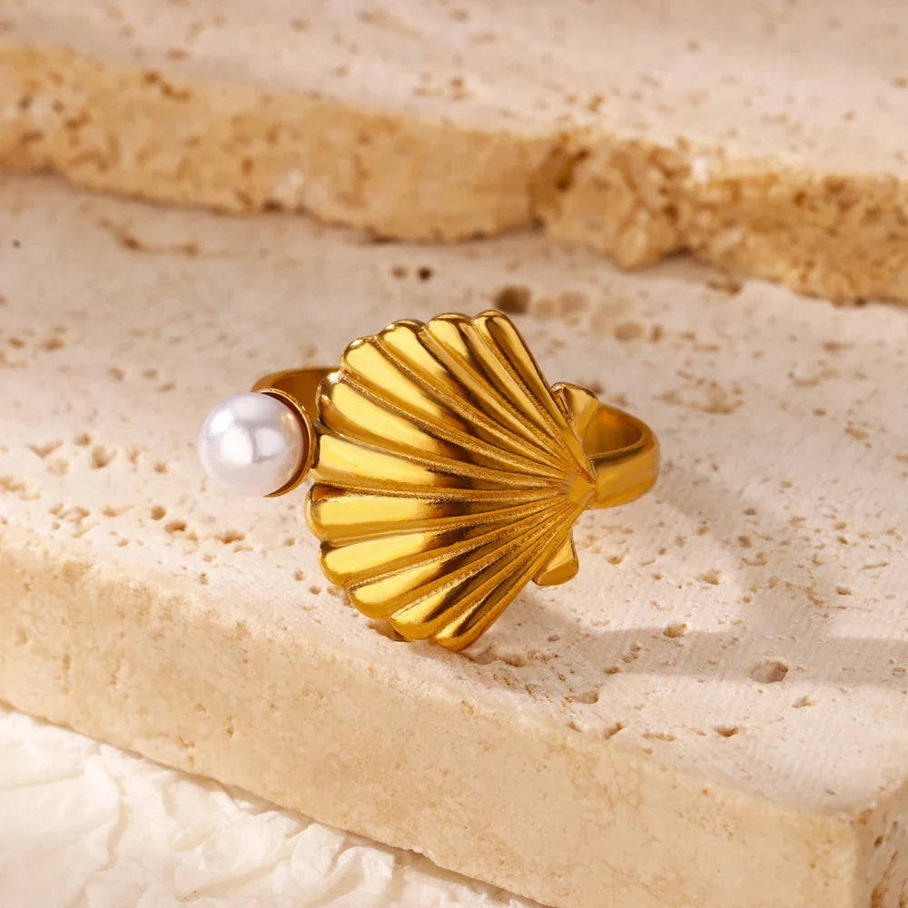 2025 Freshwater Anillos Stainless Steel Pearl Starfish Shell Rings For Women Punk Gold Color Vintage Waterproof Beach Jewelry Vera Lux