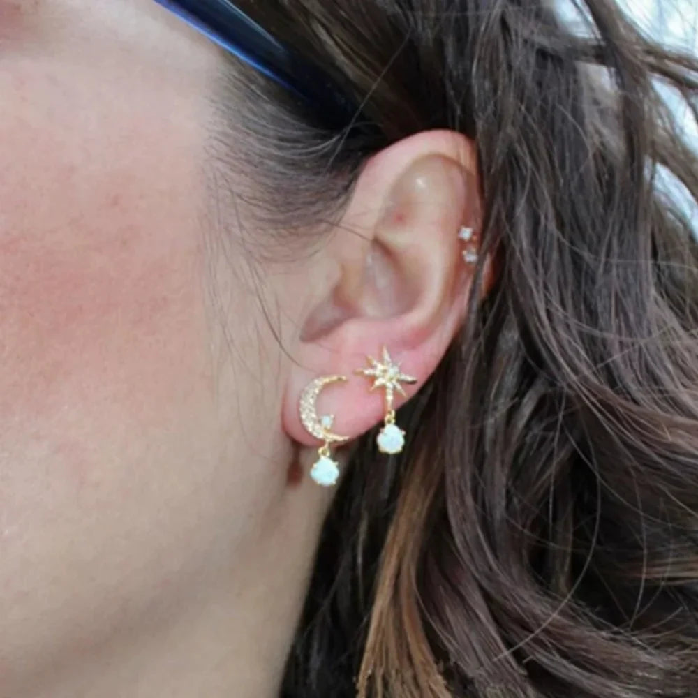 Golden Asymmetrical Zircon Moon Star Earrings for Women Retro Personalized Fashionable Versatile Accessory Gift Vera Lux