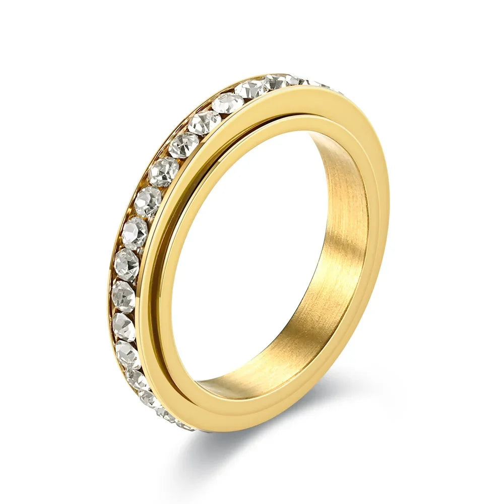 4MM Stainless Steel Spinner Finger Rings For Women Crystal Rotatable Wedding Ring Men Fashion Anniversary Party Jewelry Vera Lux