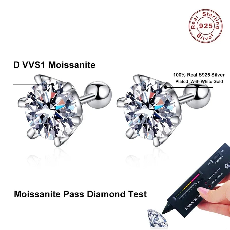 NeeTim 8mm 2 Carat Moissanite Stud Earrings For Women Screw Thread Ear Studs 925 Sterling Silver Fine Jewelry Pass Diamond Test Vera Lux