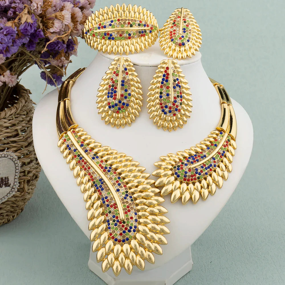 Trendy Colorful Jewelry Set for Women Zircon Collor Earrings and Necklace Large Gold Plated Bracelet Ring New Style Jewelry Gift Vera Lux