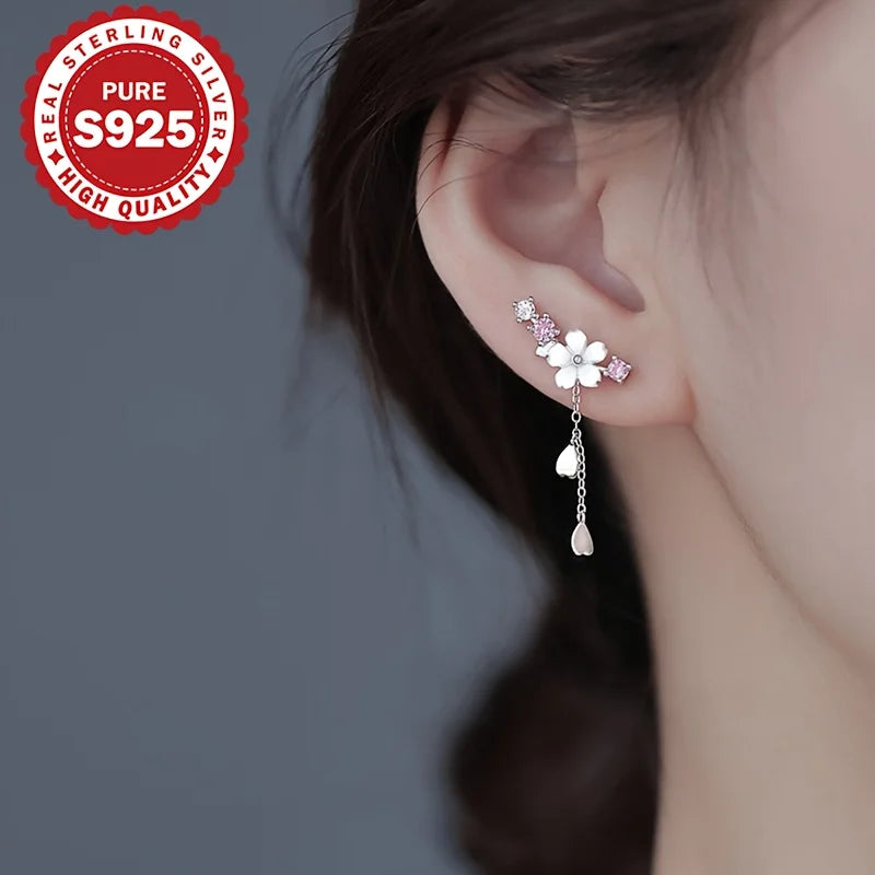 S925 Sterling Silver Sakura Tassel Earrings Cute Elegant Korean Style Versatile Classic Pendant Earring Allergy Free Vera Lux