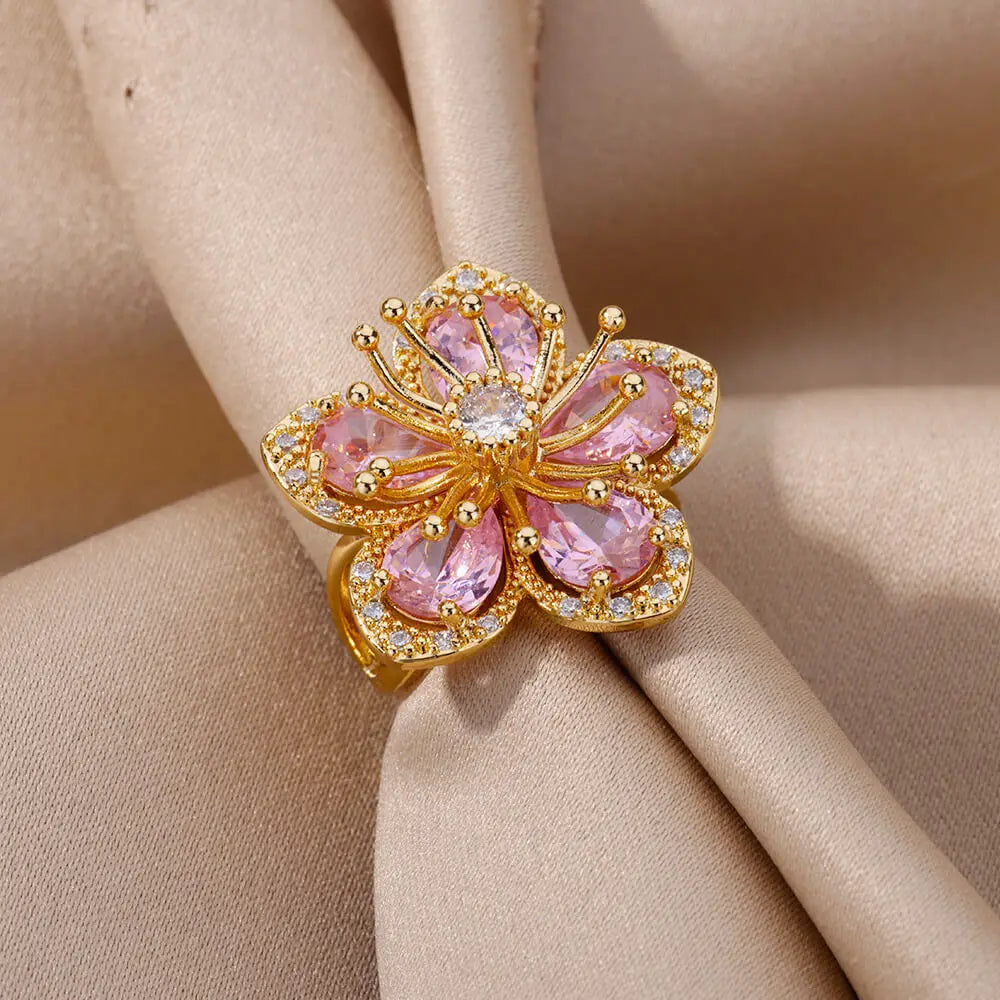 Delicate Zircon Flower Rings for Women Stainless Steel Ring 2024 New Trend Elegant Luxury Aesthetic Jewelry anillos Vera Lux