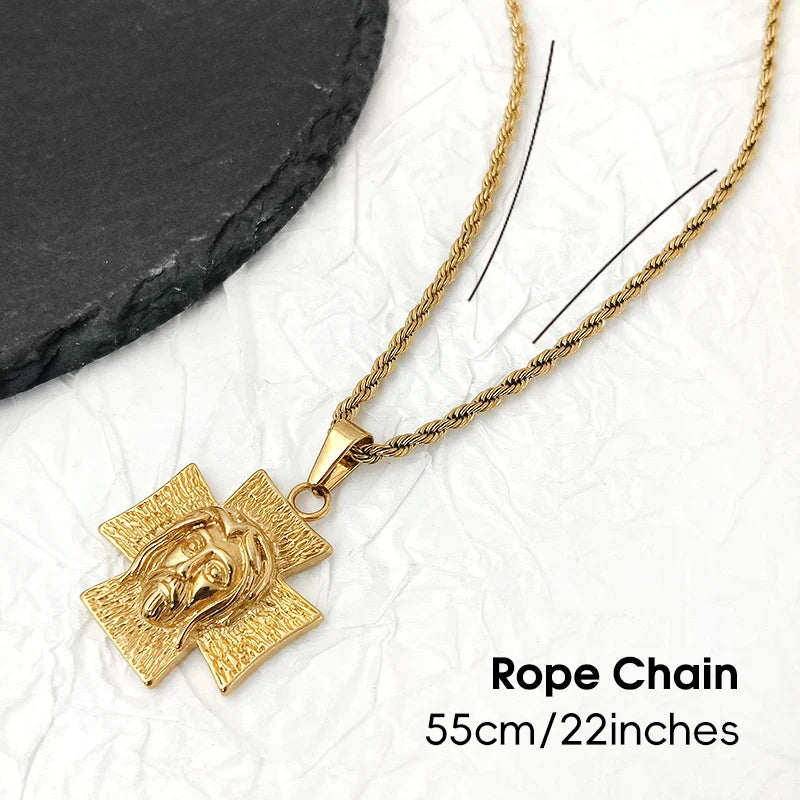 18K Gold Plated Jesus Face Cross Pendant Necklace Religious Charm for Men Women Faith-Inspired Jewelry Christian Gift Vera Lux