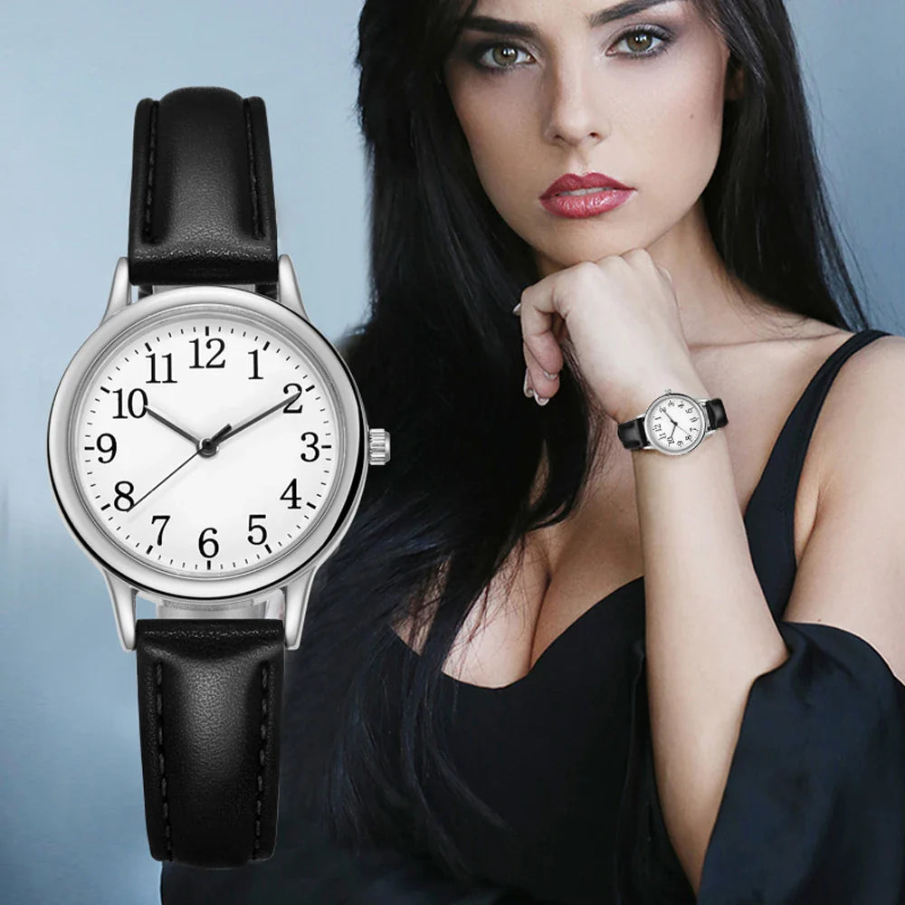 Leisure Fashion Women Quartz Watch Easy to Read Arabic Numerals Simple Dial PU Leather Strap Lady Candy Color Vera Lux