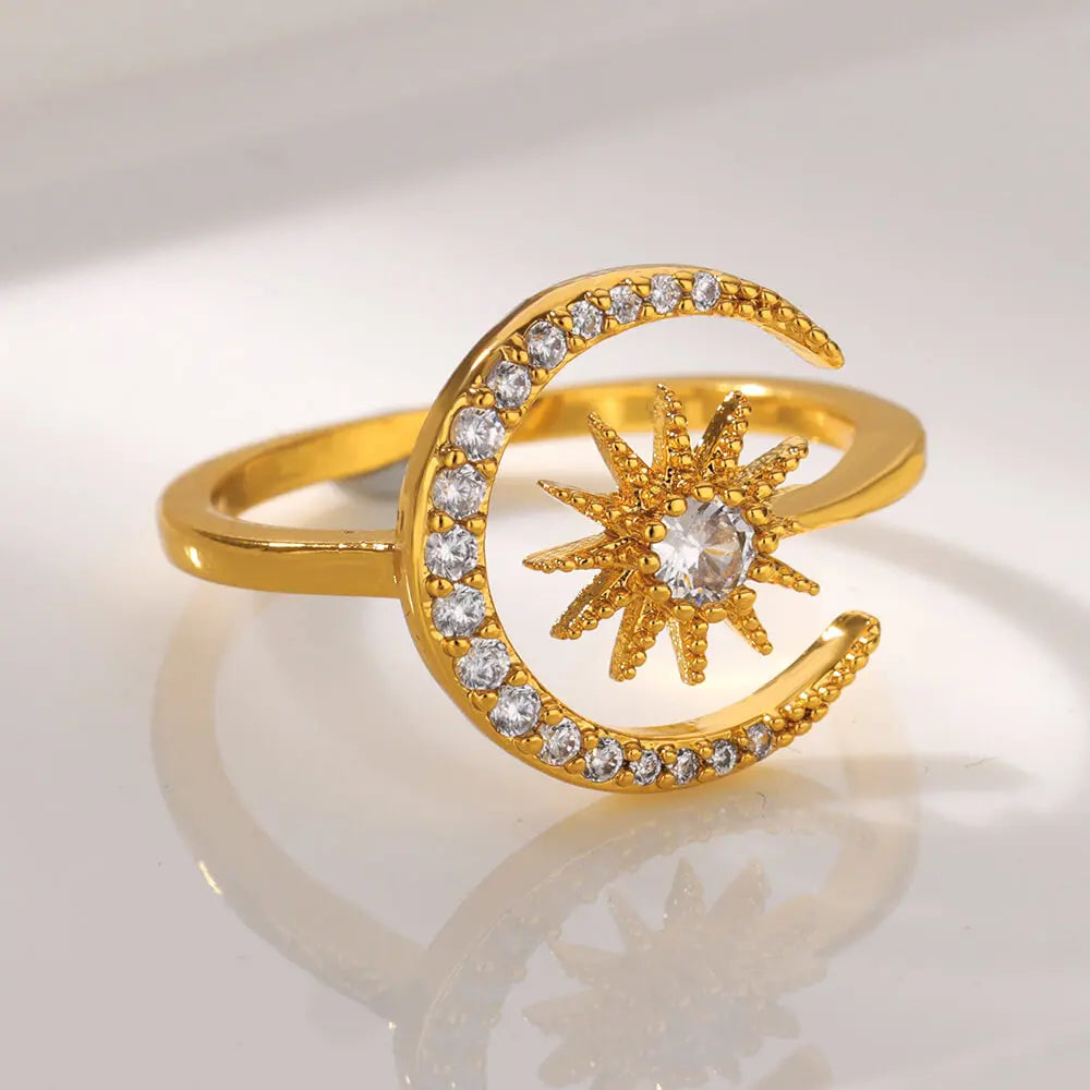 Gold Color Stainless Steel Geometric Rings for Women Zircon Heart Sun Moon Open Ring Fashion Aesthetic Jewelry Wedding Gift Vera Lux