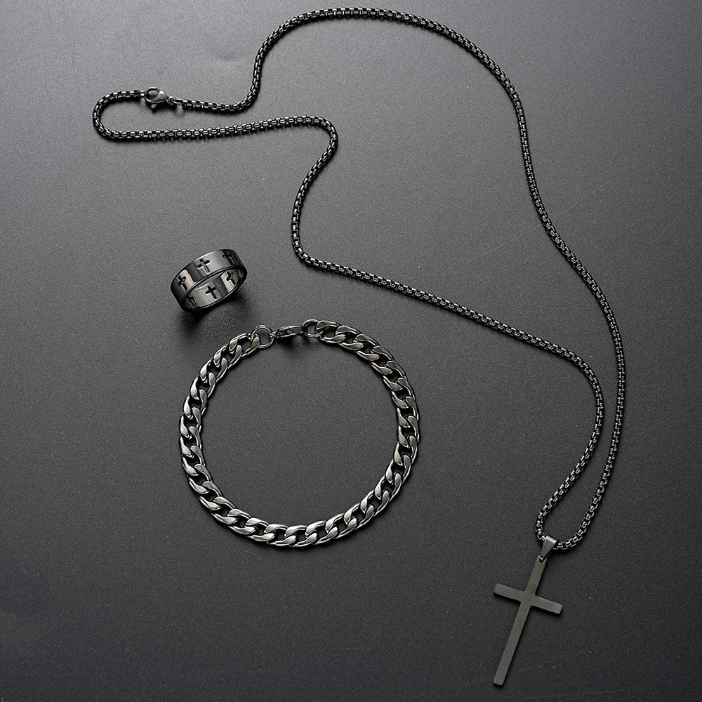 3pcs Set Men's Stainless Steel Metal Cross Pendant Chain Necklace Bracelet Ring Jewelry Set Male Hip Hop Daily Wear Accessories Vera Lux
