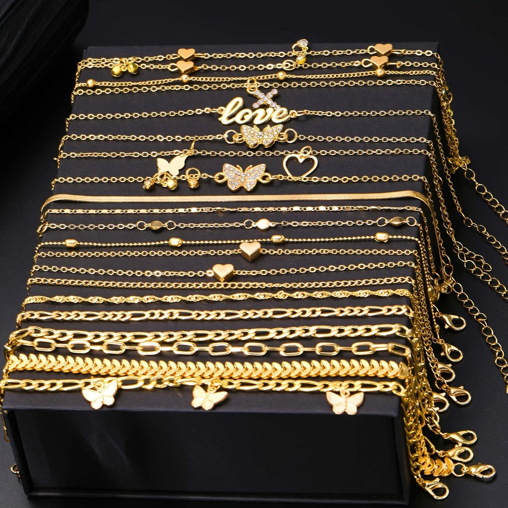 18Pcs Bohemian Summer Beach Anklet Set For Women Vintage Butterfly Heart Crystal Pendant Foot Bracelets Fashion Jewelry Gift New Vera Lux