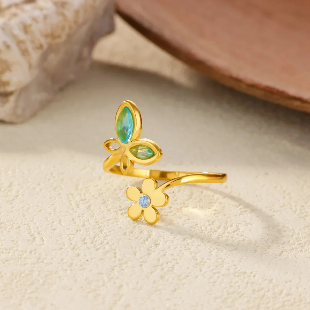 Elegant Zircon Flower Butterfly Rings For Women Gold Color Stainless Steel Flower Adjustable Ring Wedding Christmas Jewelry Gift Vera Lux