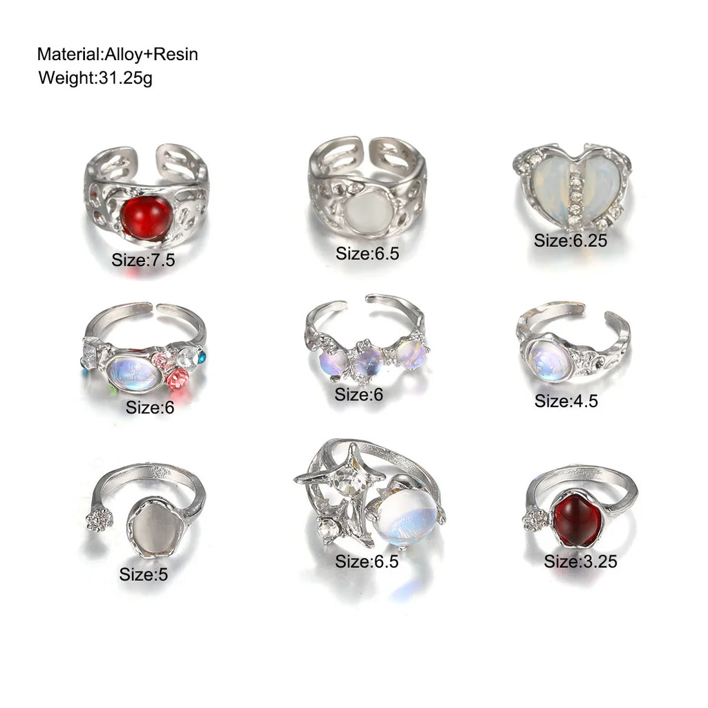 9 Pcs Y2K Crystal Rings Kpop Heart Adjustable Ring Irregular Geometry Punk Vintage Rings Set for Women Girls New Fashion Jewelry Vera Lux