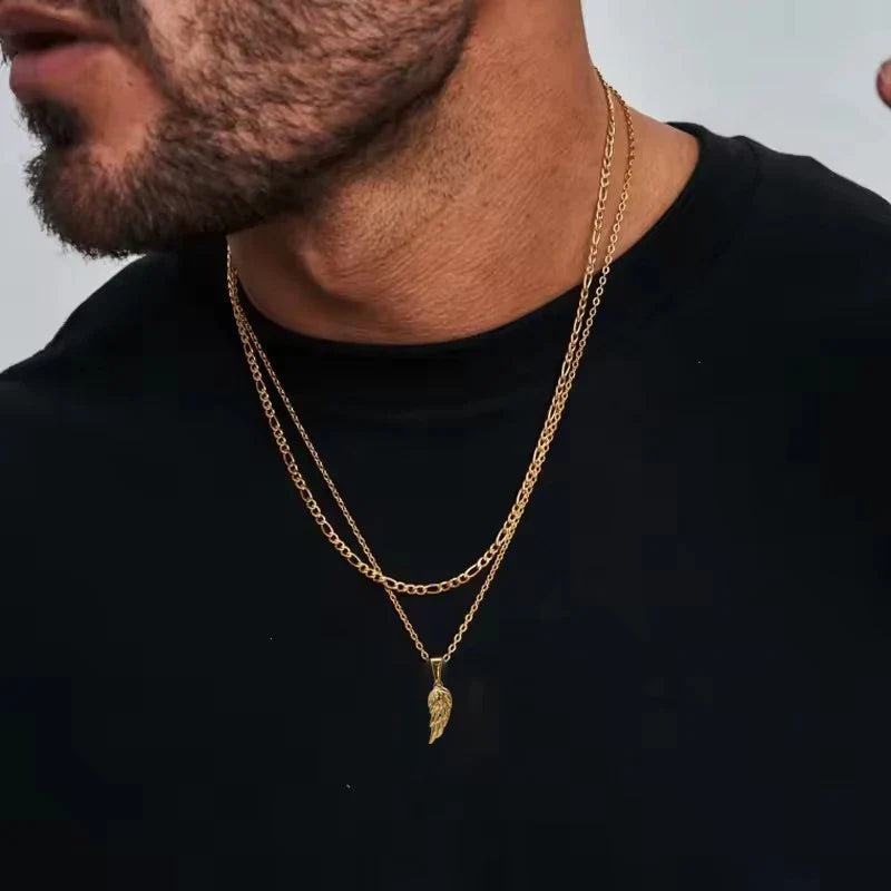 18K Gold Plated Angel Wing Pendant Necklace - Vintage Feather Design for Men, Stainless Steel Chain Jewelry Gift Vera Lux