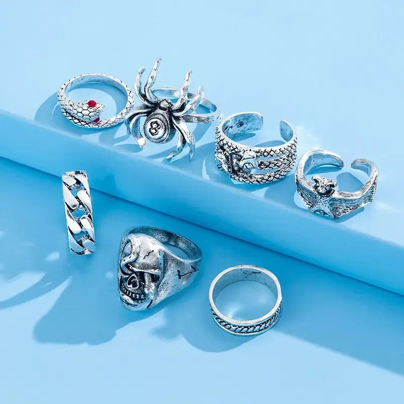 Punk Gothic Skeleton Unisex Ring Set Grunge Butterfly Frog Woman Man Jewelry Hip Hop Party Street Ring 2024 New Jewelry Gift Vera Lux