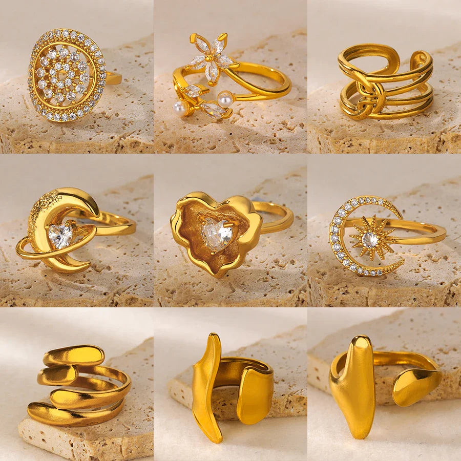 Gold Color Stainless Steel Geometric Rings for Women Zircon Heart Sun Moon Open Ring Fashion Aesthetic Jewelry Wedding Gift Vera Lux