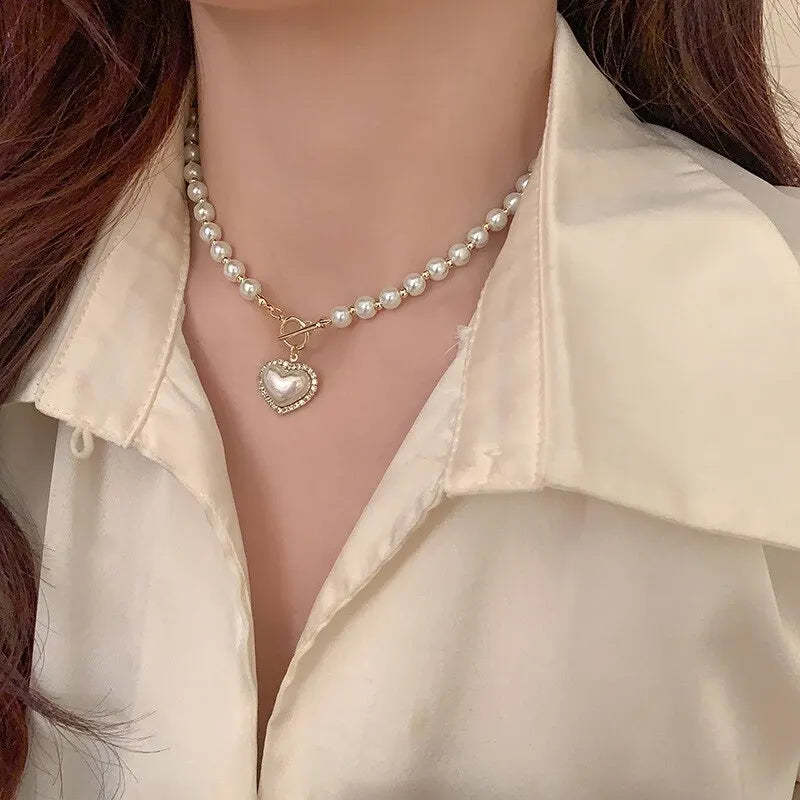 Elegant Pearl Necklace For Women Heart Pendant Necklaces Luxury Imitation Pearls Chain Necklaces Korean Jewelry Girls Gifts Vera Lux