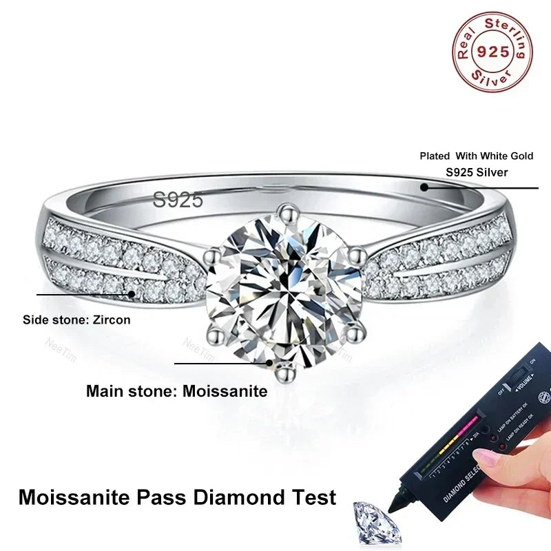 NeeTim 0.5ct 1ct Moissanite Engagement Ring Women Proposal Rings S925 Sterling Silver with White Gold Plated Wedding Band Vera Lux